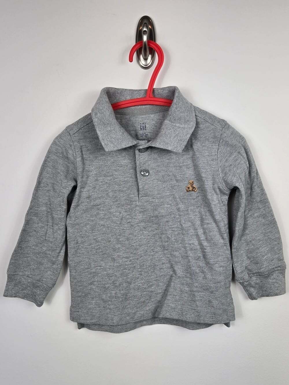 Baby Gap Gray Long Sleeve Polo Shirt Bear Logo 12-18M Preppy
